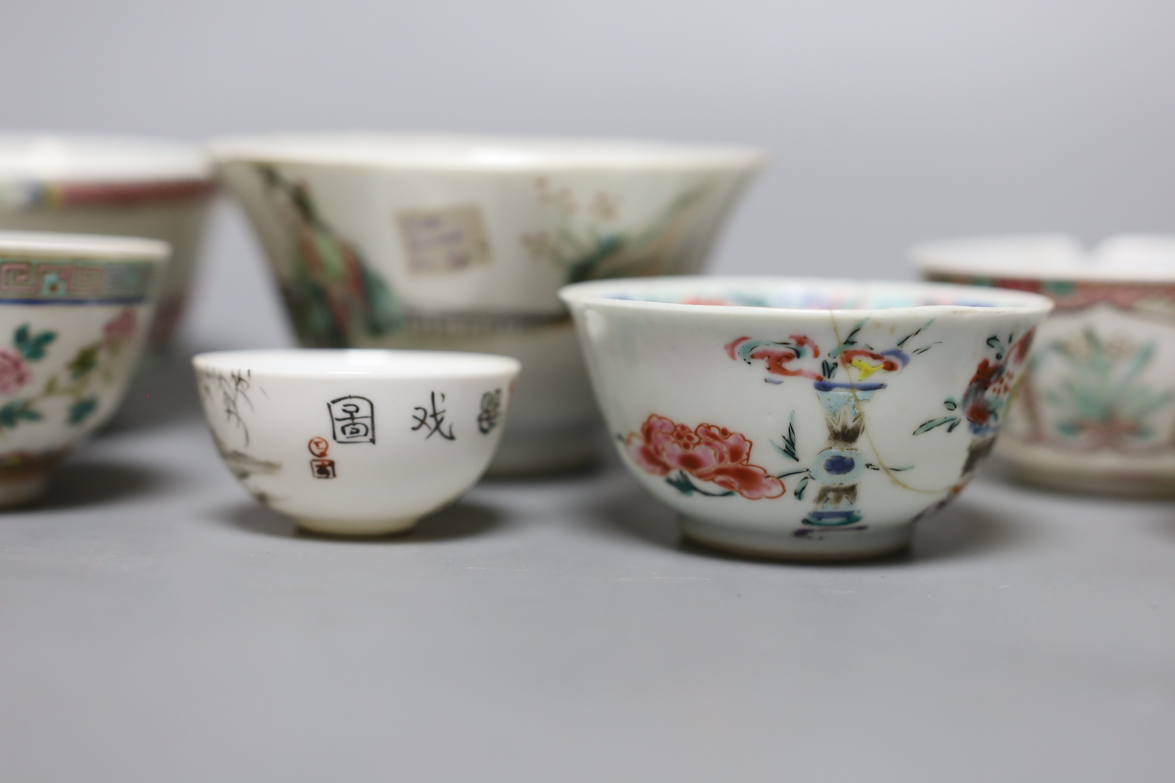A Chinese Dehua libation cup, eight 18th century and later Chinese porcelain tea bowls and a Kutani tea bowl